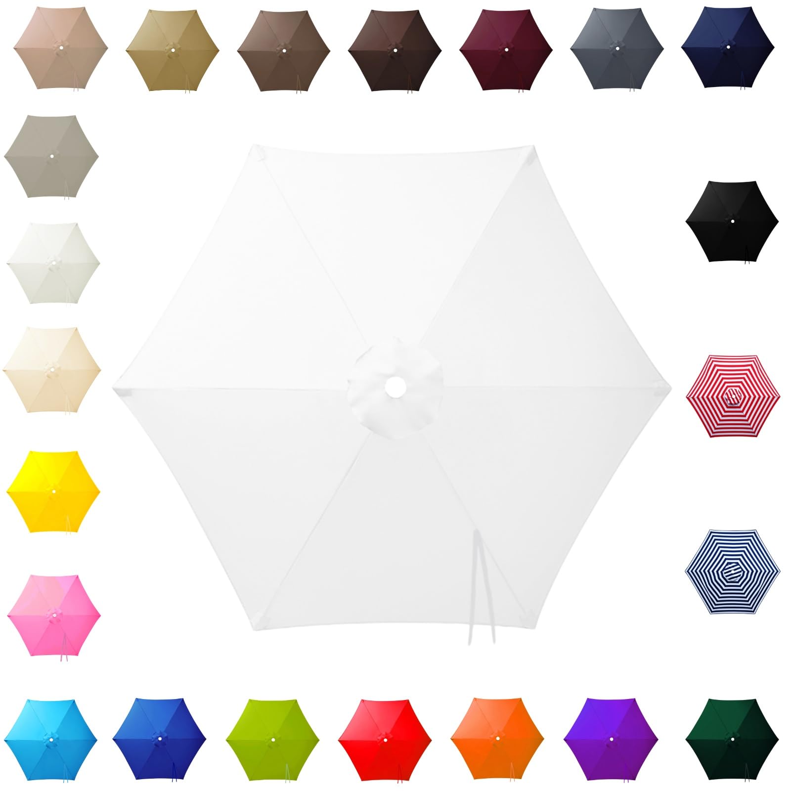 3.0m Replacement Parasol Canopy for 6 Arms, 2m-3m Patio Umbrella Cloth, Waterproof Outdoor Garden Canopy, Beach Parasols Covers, Fabric Sun Shade Top Only, for Pool Lawn(White,2.50m/7.5ft)