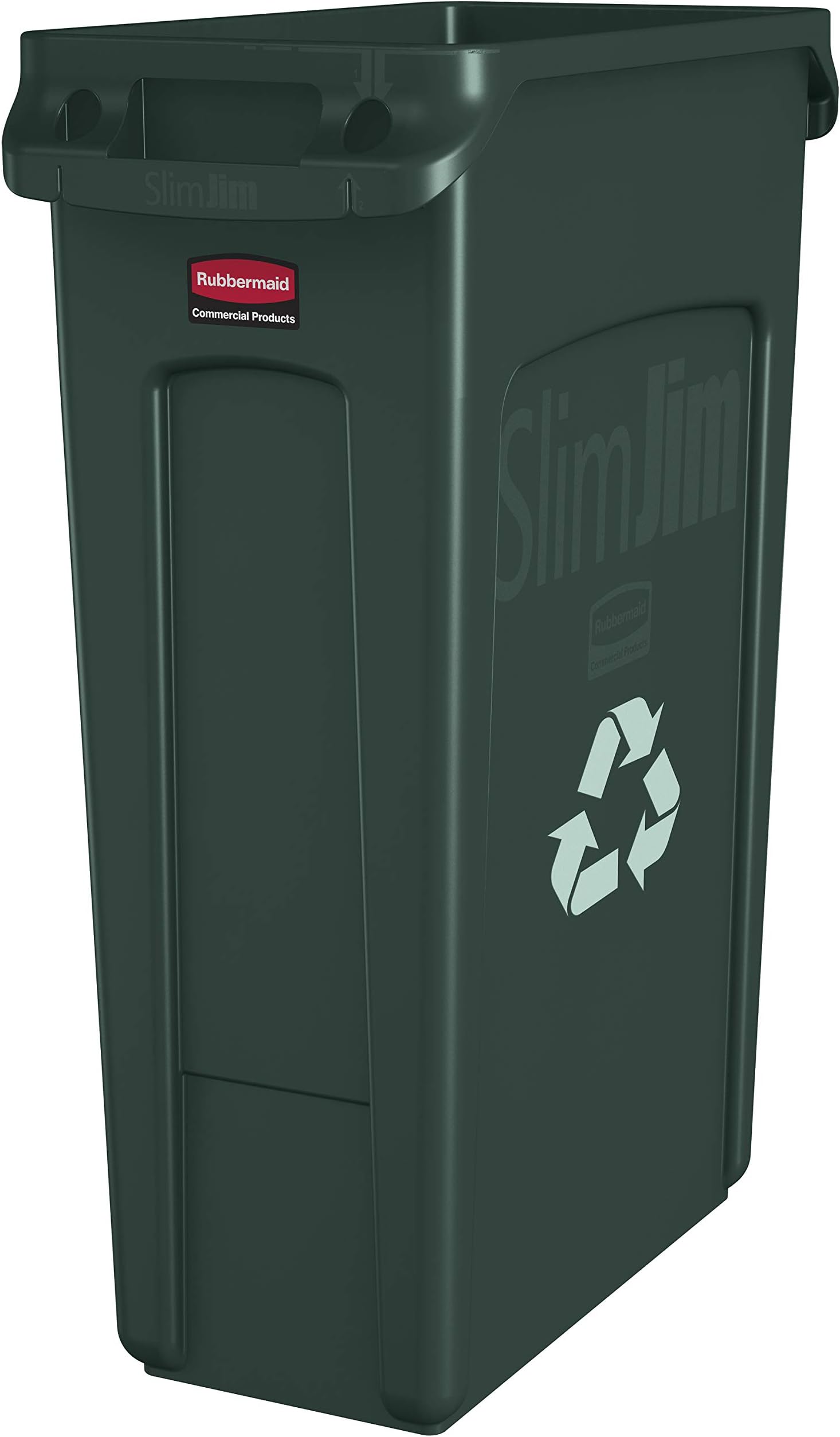Rubbermaid Commercial Products Slim Jim Plastic Rectangular Recycling/Compost Bin with Venting Channels, 23 Gallon, Green Recycling (FG354007GRN)