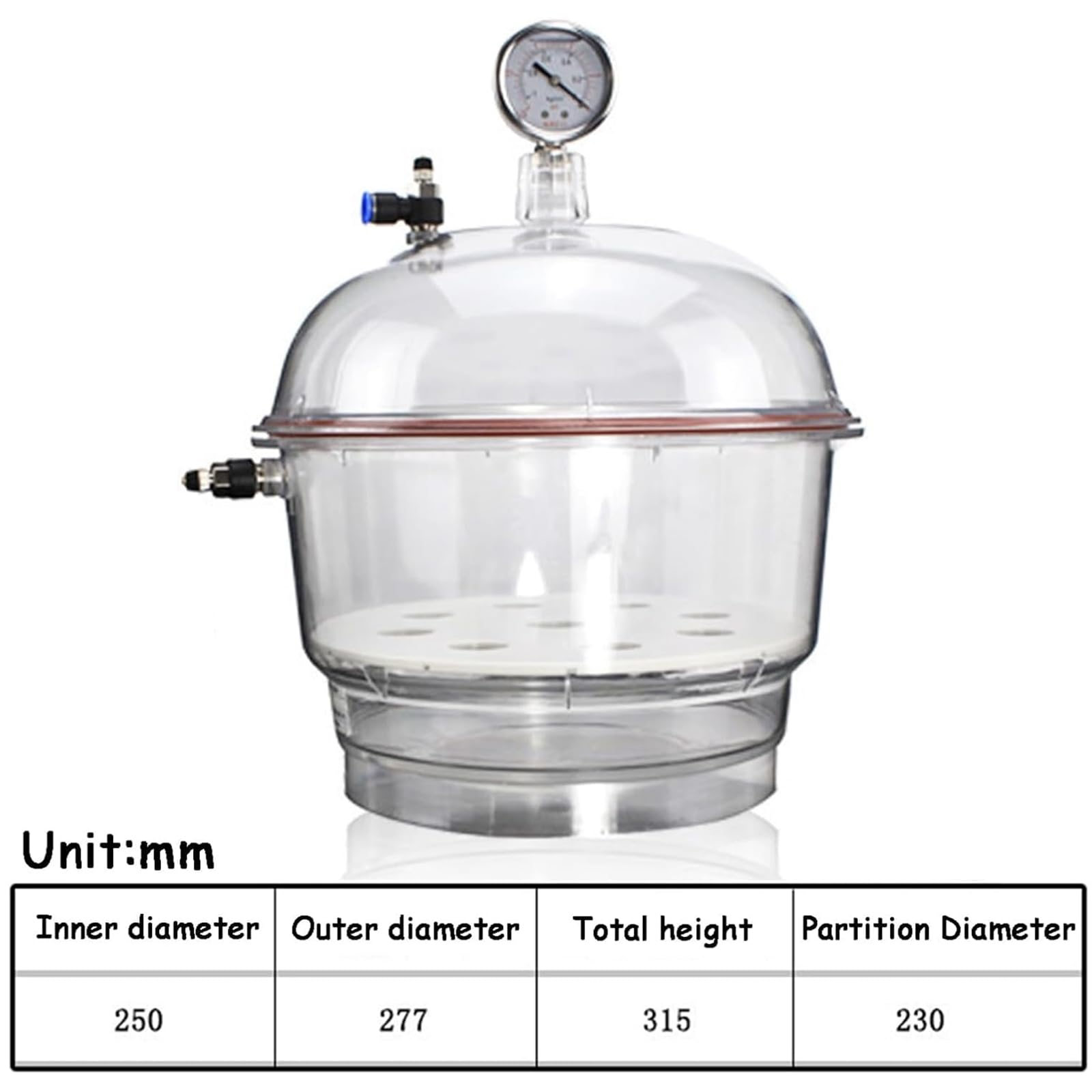 Vakuum-Exsikkator, 250 Mm Acryl-Labortrocknungsgefäß, Mit Doppelventilen, Manometer, Versiegeltes Gefäß Aus Polycarbonat Für Vakuumtrocknung Und Lagerung