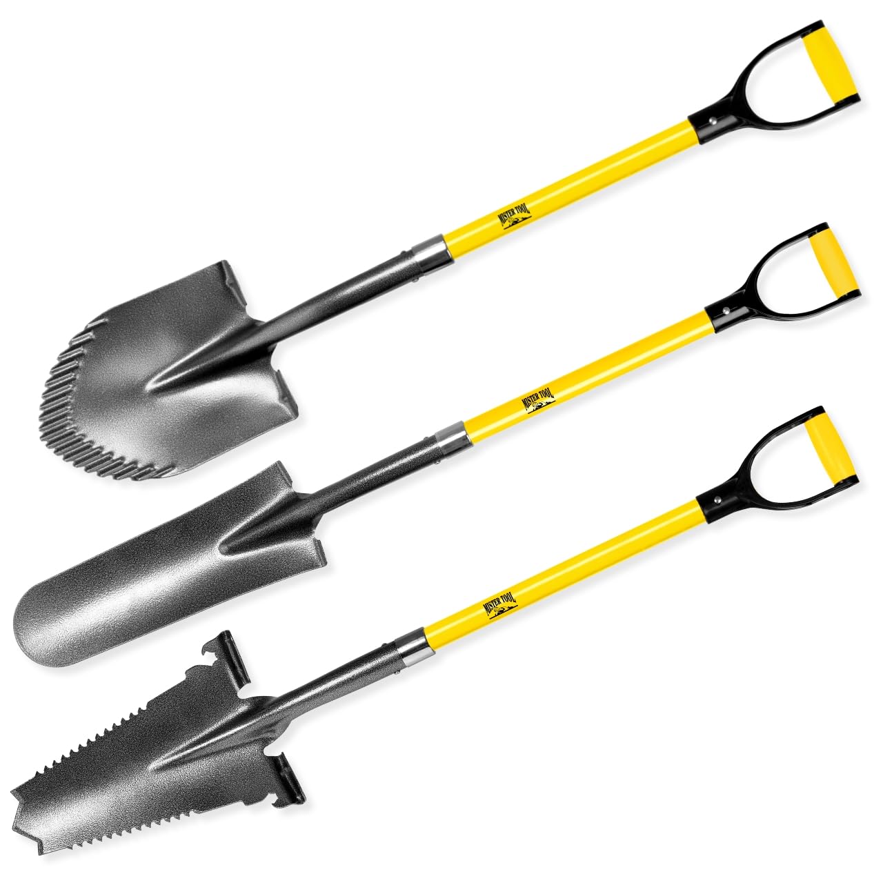MISTER TOOL 3-TLG. Spezialspaten-Set - Kombi-, Drainage- & Wurzelspaten - Glasfaserstiel, Rutschfester Griff, langlebiger Kohlenstoffstahl - Ideal für Garten- und Landschaftsbauarbeiten