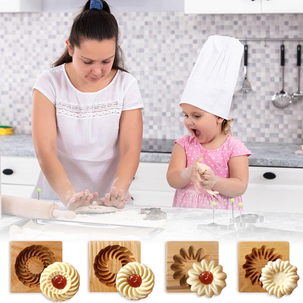 4 moldes de madera para galletas, moldes de galletas de madera, moldes de galletas 3D, divertido grabado en relieve, herramienta de horneado para Navidad, Halloween, Pascua, cocina, bricolaje
