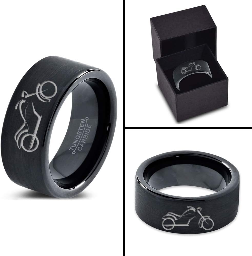 Motorcycle Bike Motor Bicycle Ring - Tungsten Band 8mm - Men - Women - 18k Rose Gold Step Bevel Edge - Yellow - Grey - Blue - Black - Brushed - Polished - Wedding - Gift Dome Flat Cut