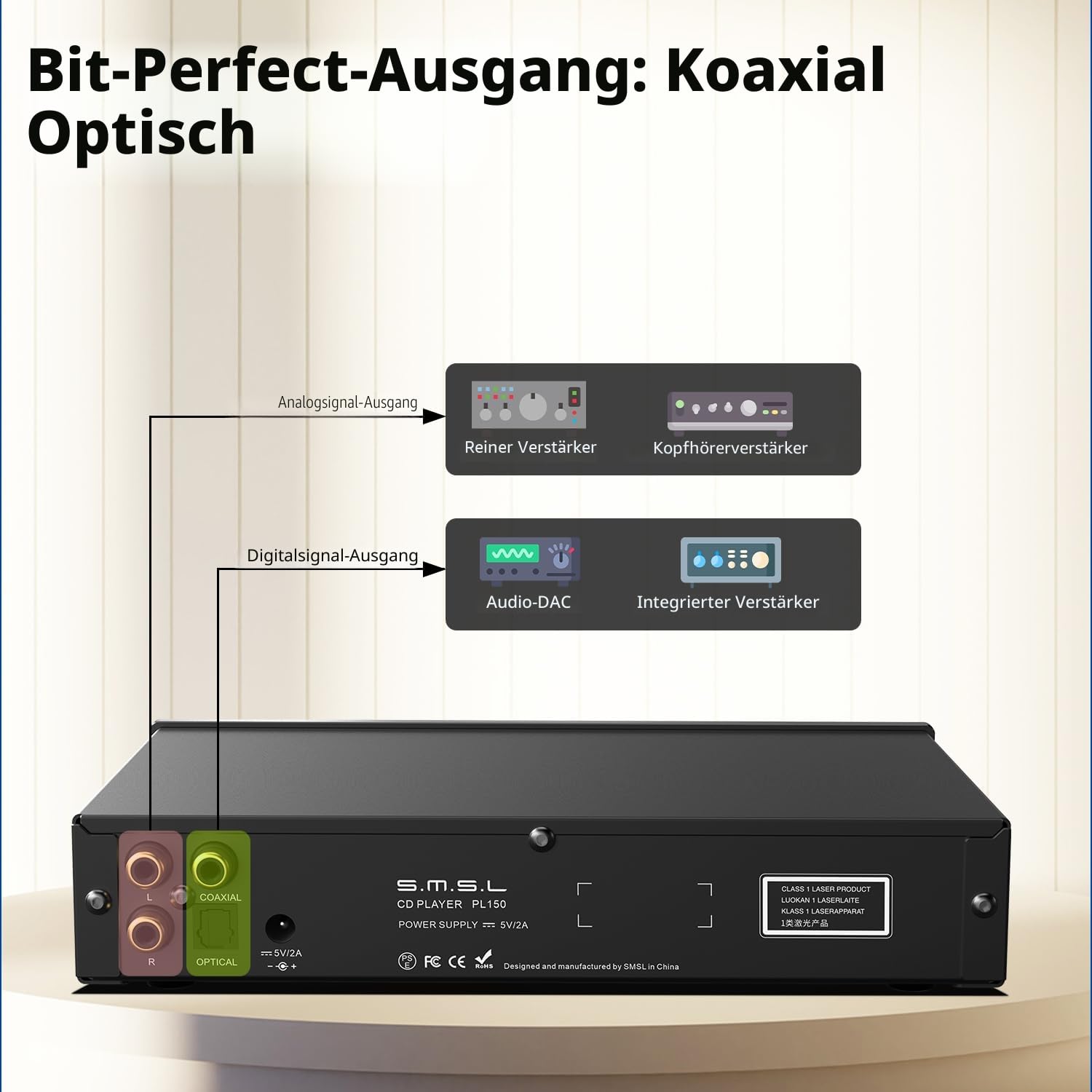 S.M.S.L PL150 CD Player, unterstützt Standard-CD/MQA-CD/HDCD/MP3-CD, CS43198 DAC-Chip, optischer/koaxialer Ausgang, 4,4mm+3,5mm Kopfhörerbuchsen,Für Fahrzeuge
