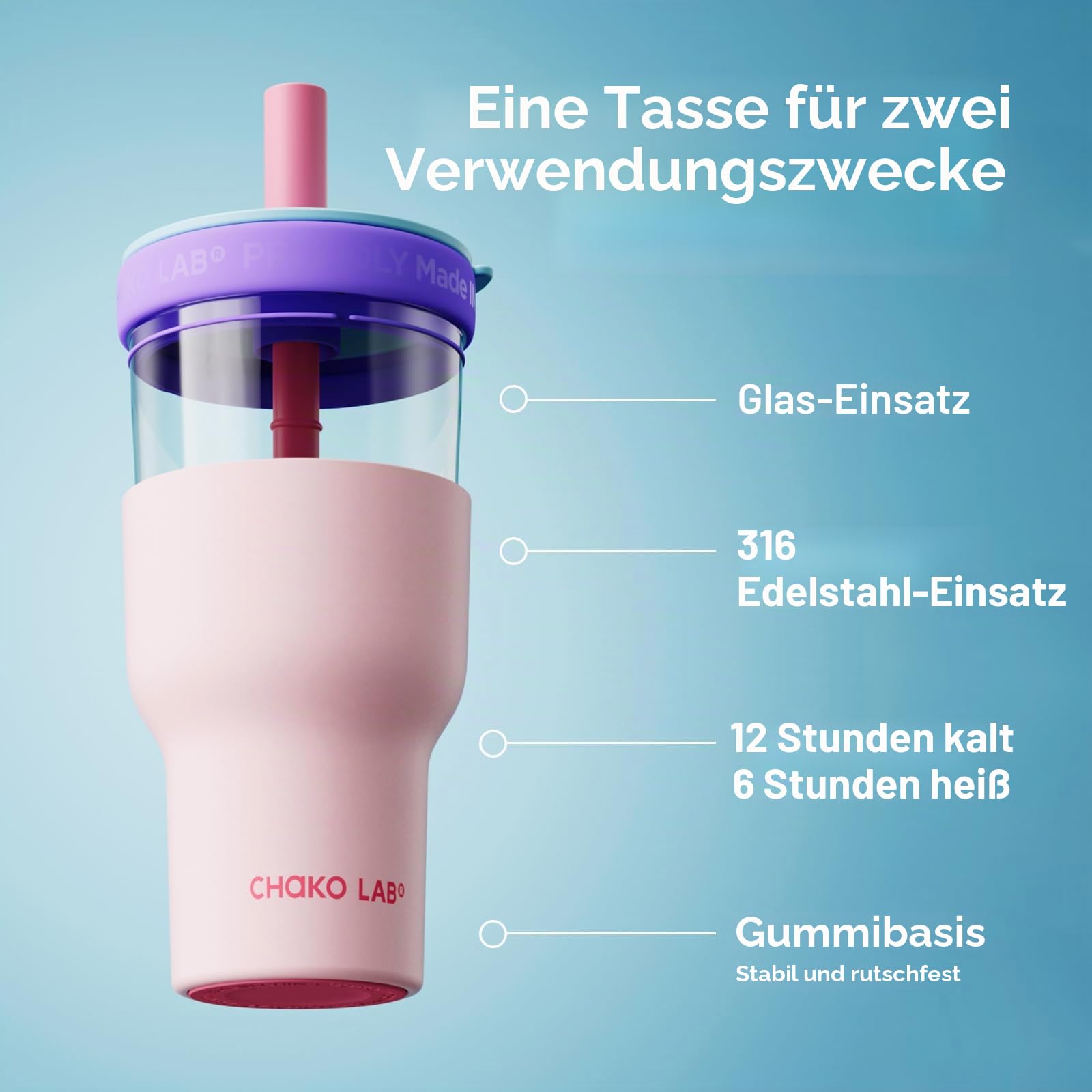 CHAKO LAB Isolierflasche aus Edelstahl | Doppelschichtiger Becher mit Glas- und Edelstahl-Innenbehälter | BPA-frei auslaufsichere Thermoskanne | 600ml Flasche mit zwei Strohhalmen | Rosa & Lila
