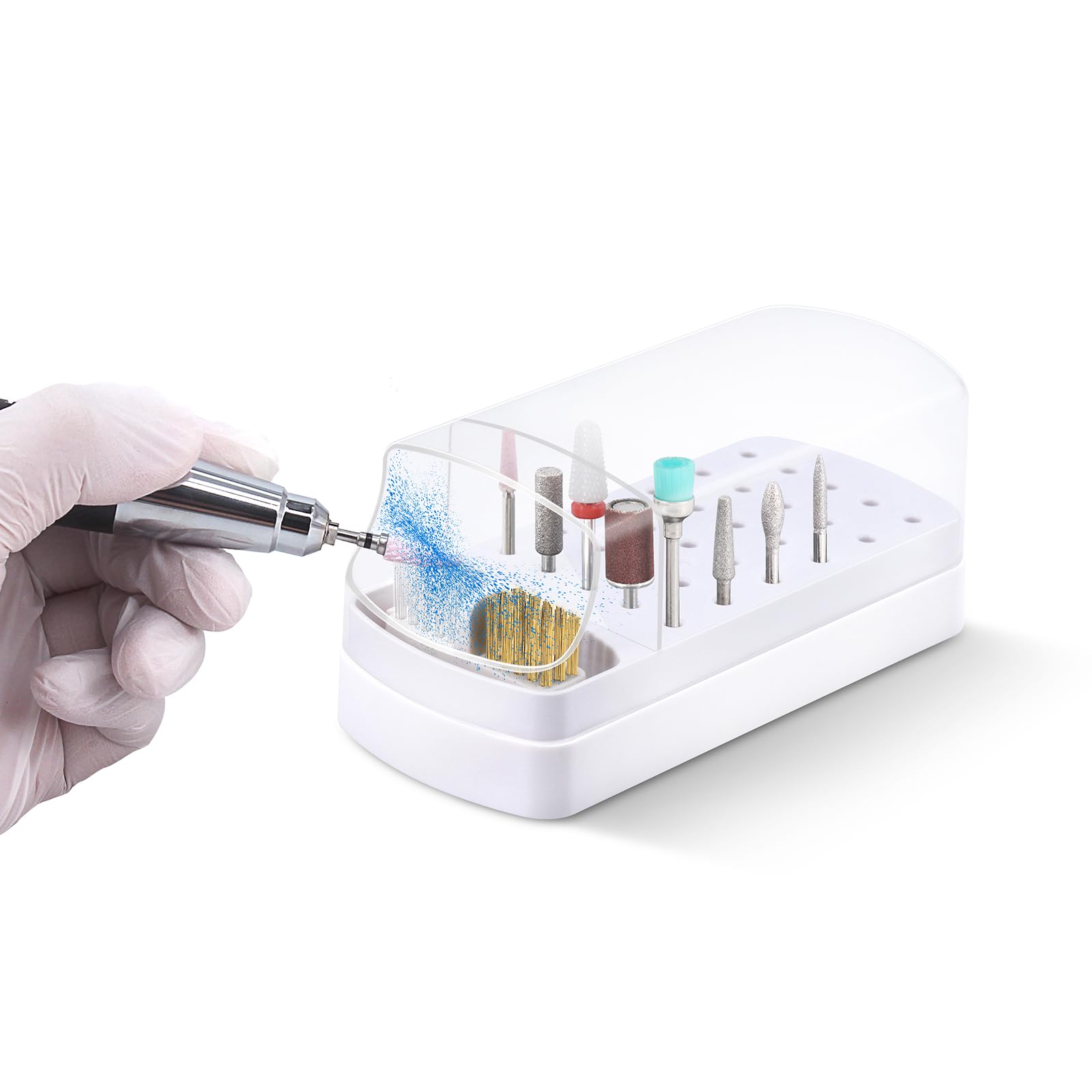 2 In 1 Nail Drill Bits Holder & Nail Drill Bits Cleaner Case,30 Holes Dustproof Nail Art Drill Bits Stand for Nails Display Organizer Container Manicure Tools (Not Include Nail Drill Bits) White