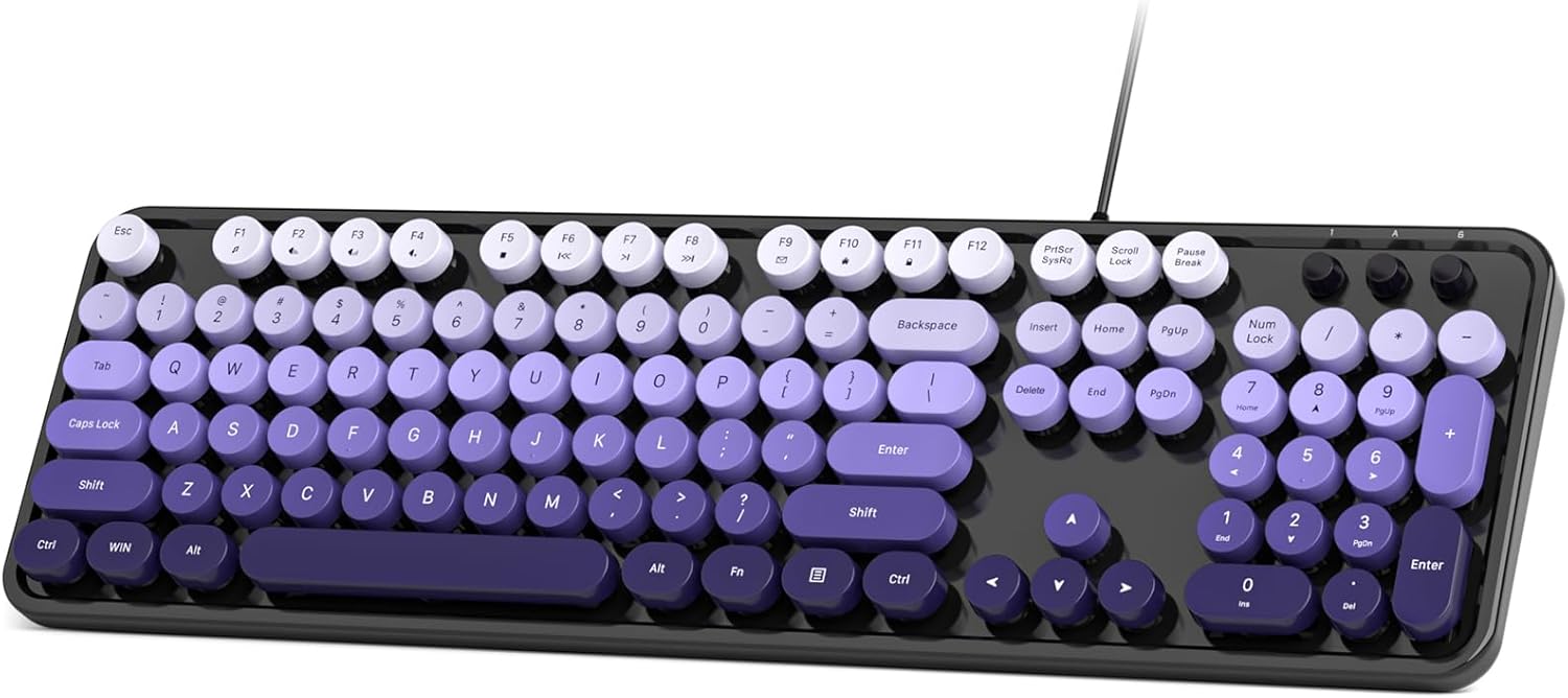 Wired Computer Keyboard, Colorful Full-Size Keyboard with Floating Round Keys, Typewriter Keyboards for Laptop Office PC Desktop Windows-Black Purple