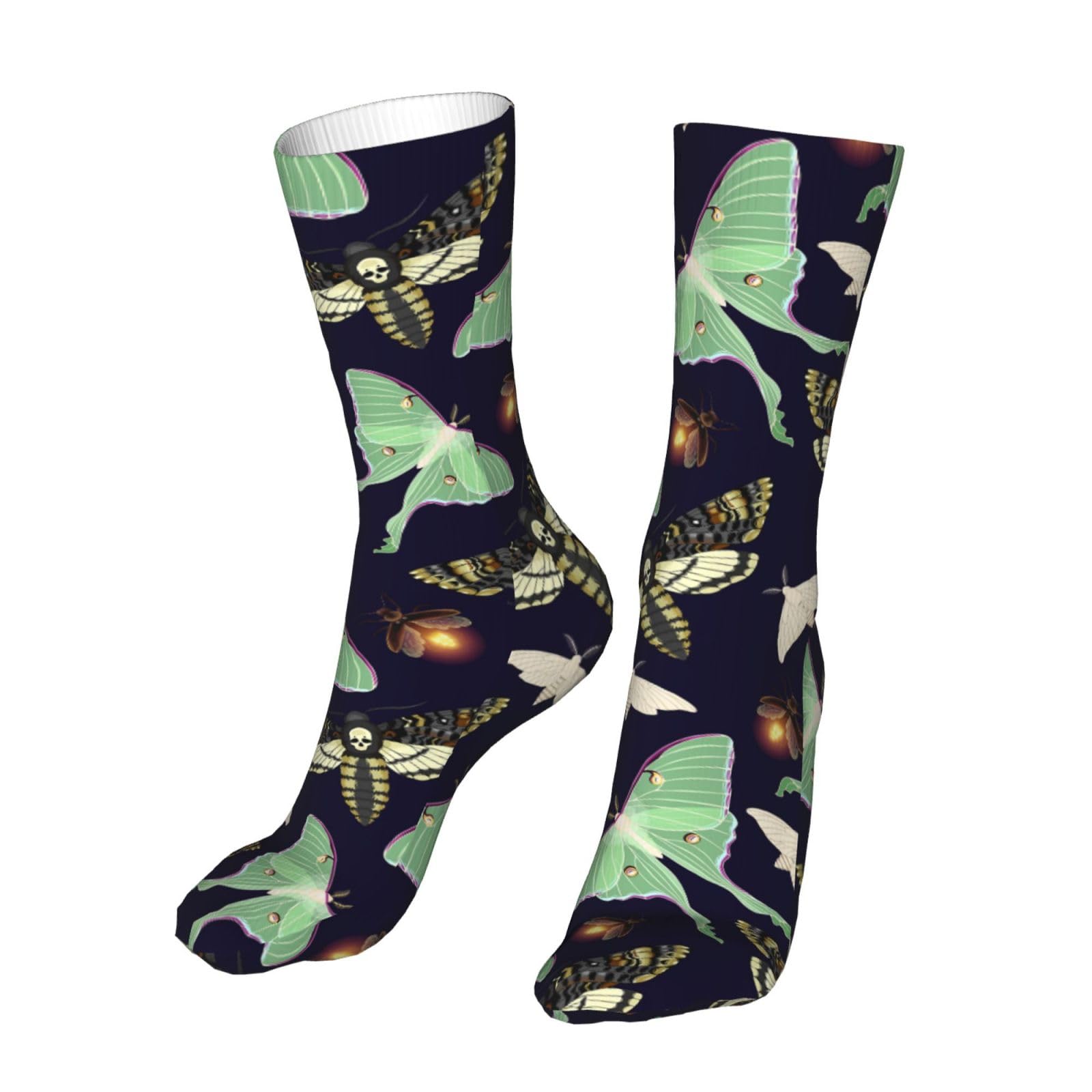 DISNIMOO Moth Butterfly Moon Moth Socks, Novelty Funny Crew Socks Gift for Men Women Teen, Black, One Size