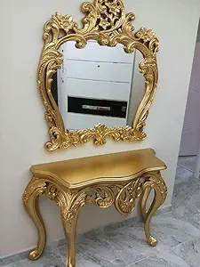 MUSKAN ARTS Handcraft Design Dressing Table | Antique Design Mirror with Table Stand | Royal Hand Carved Design Gold Polish