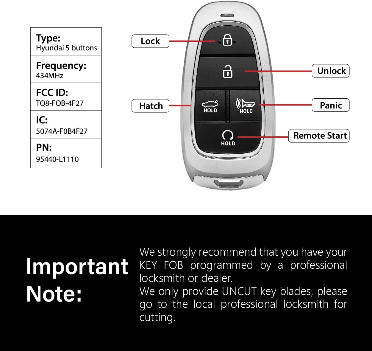 Replacement for 2020 2021 2022 2023 2024 Hyundai Sonata Sport Key Fob Remote Control TQ8-F08-4F27 5 Buttons 434MHz