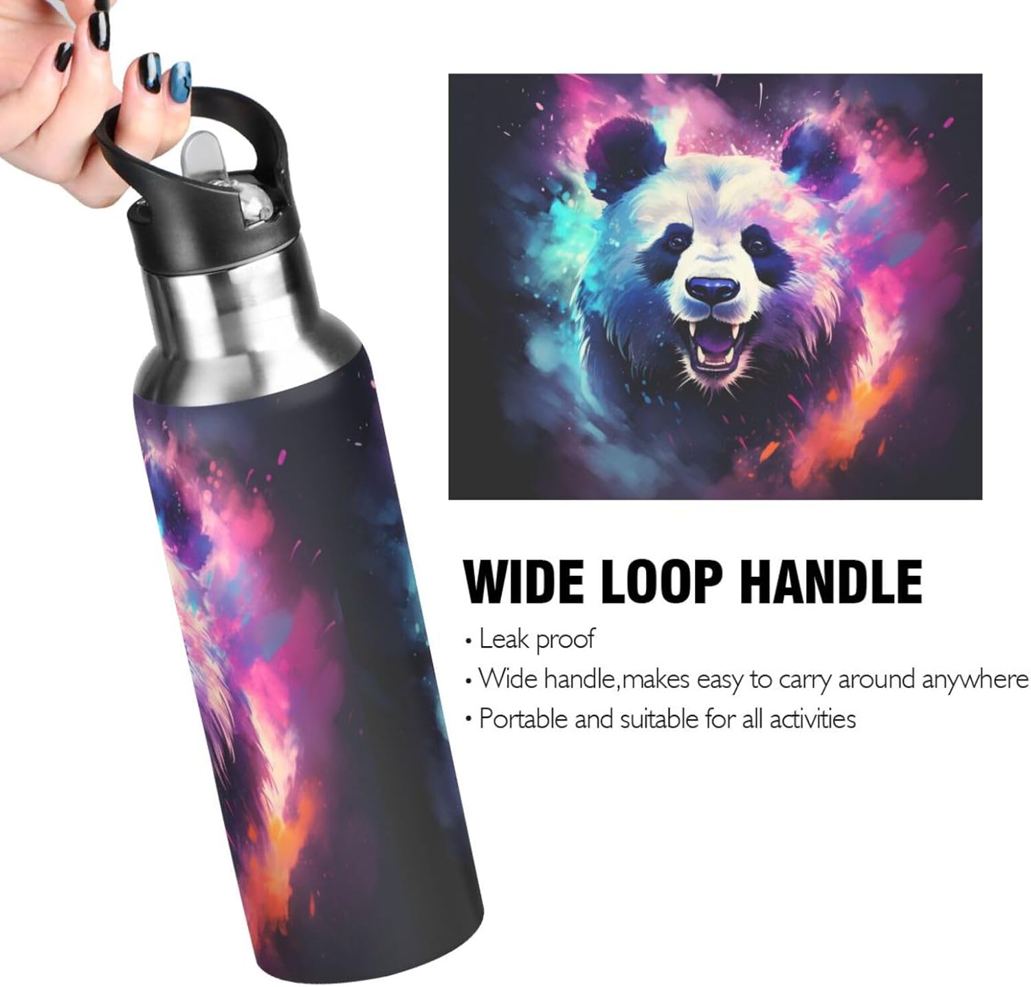 Panda Galaxy Water Bottle Kids Boys Girls Insulated Stainless Steel Hot Cold Water Flask with Straw Lid for Sports Gym Running 20 oz