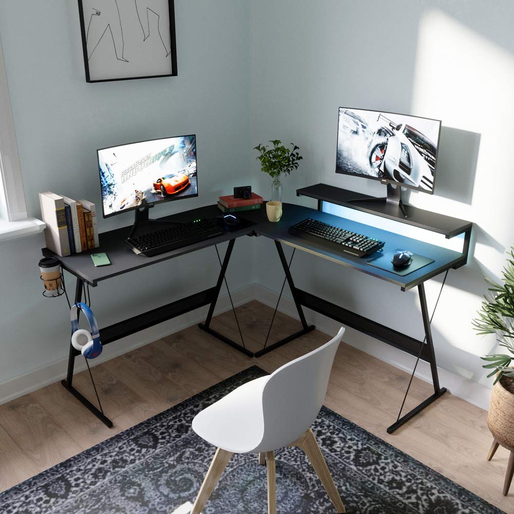 Bestier LShaped Led Gaming Computer Desk, RGB Strip Light Modern