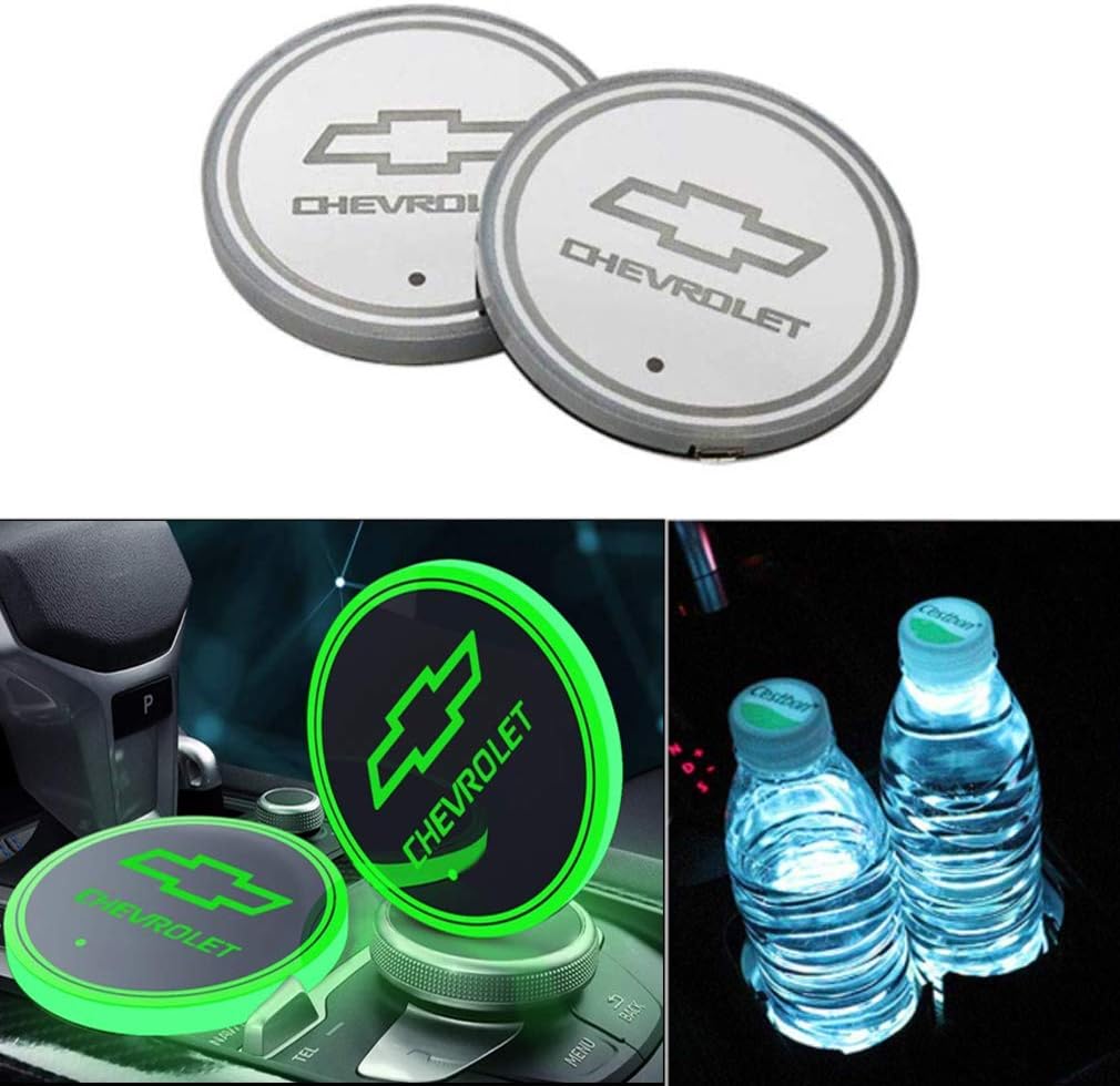 YELOS LED Car Cup Holder Lights, Car Logo Coaster with 7 Colors Changing USB Charging Mat, Luminescent Cup Pad Interior Atmosphere Lamp Decoration Light for Chevrolet (2 PCS)