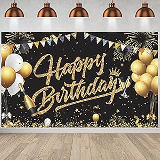 Birthday Backdrop Banner,GRESATEK Black Gold Backdrop Background Sign Photo Happy Birthday Party Decoration Set for Girls Men Women Celebration,185x110CM