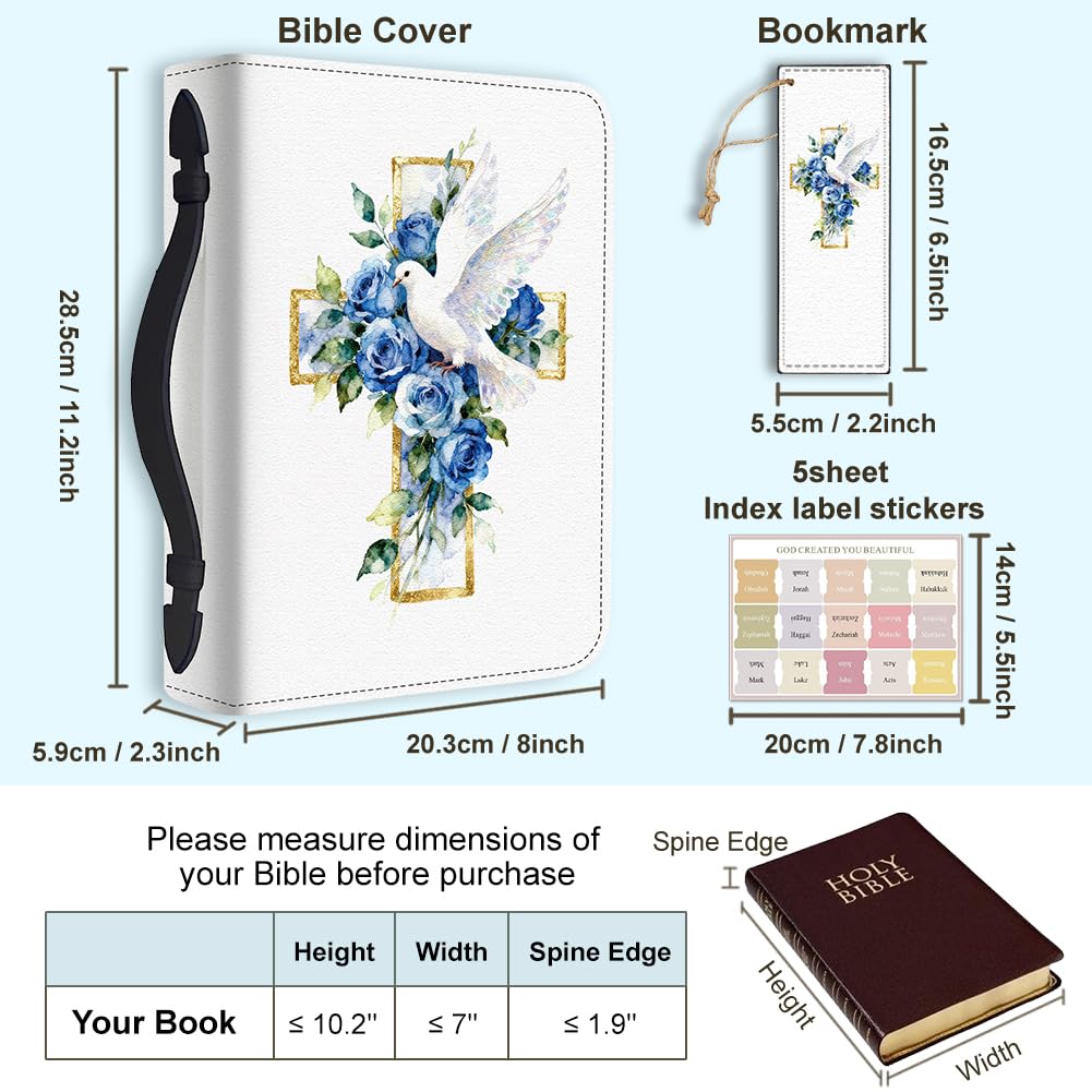 Hobbspring Bible Cover Case for Women Lady Pigeon Roses Flower Book Cover with Bookmark Nature Peace Durable Carrying Bible Cases with Handle and Zipper PU Leather Storage Bags for Students(Blue) - Image 2