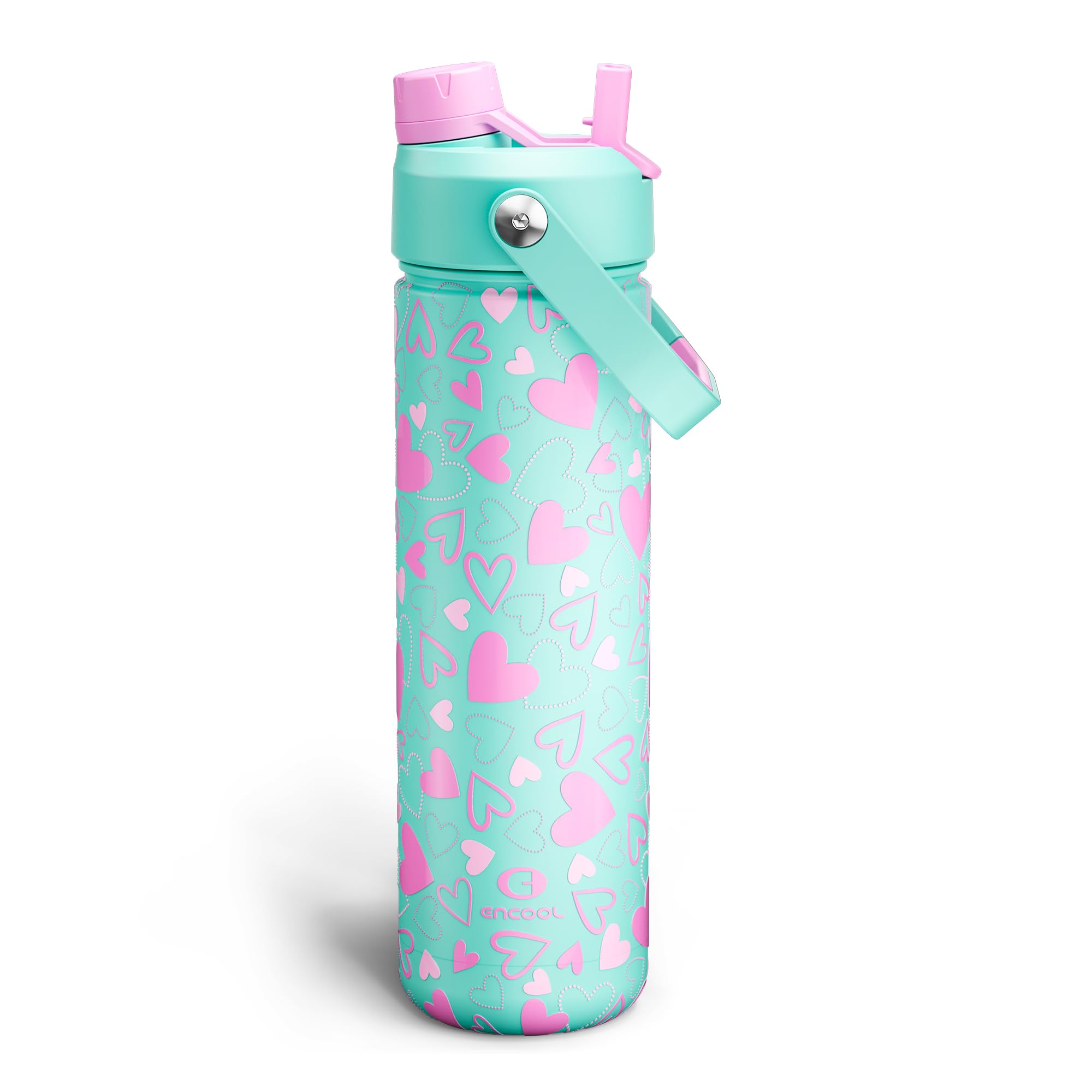 ENCOOL Insulated Water Bottle with Straw Stainless Steel Water Bottle, Leak-Proof, BPA-Free, Keeps Cold for 24 Hours for Sports, Travel, School (26 oz, Sweet Hearts Violet x Mint)