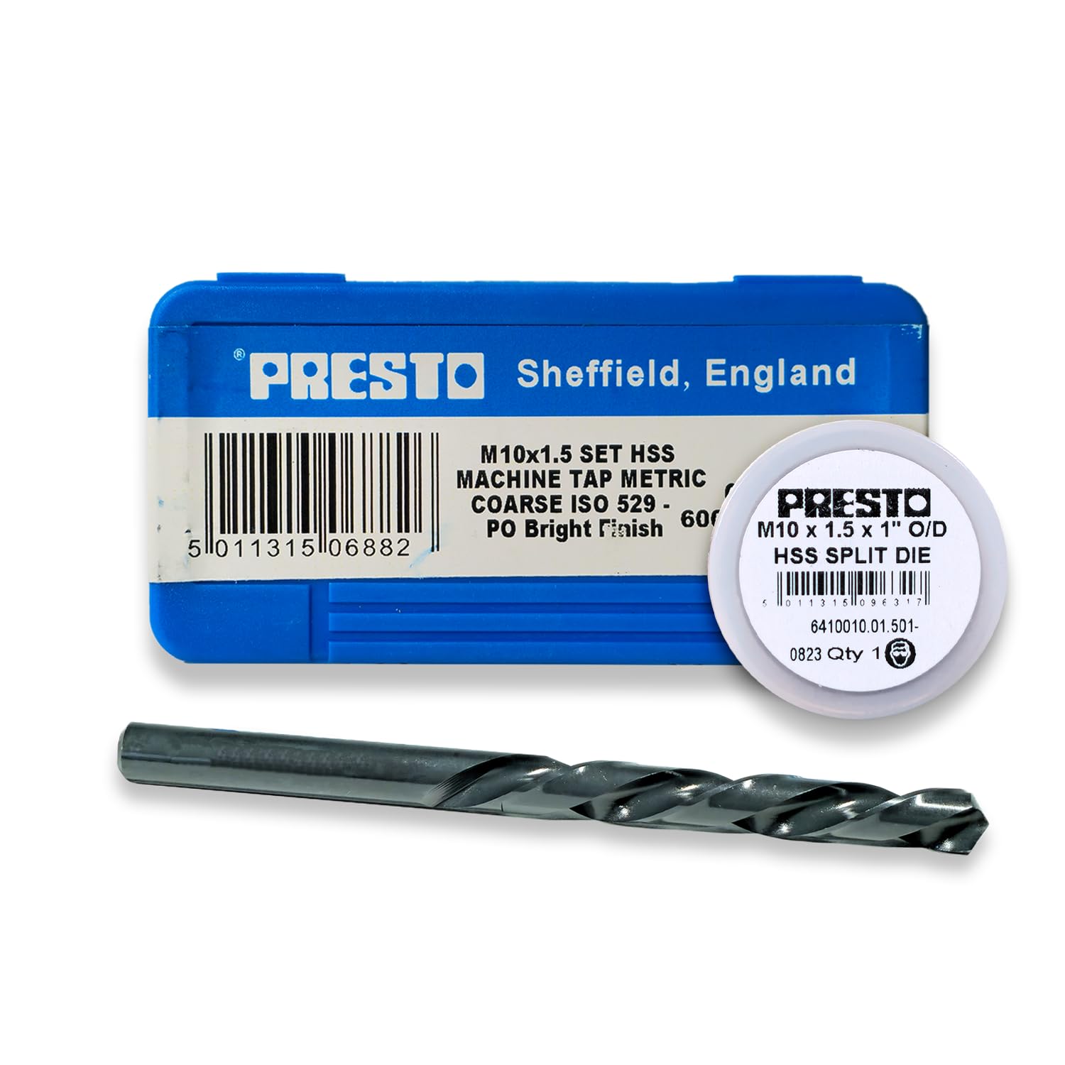 Rdgtools Presto M10 X 1.5 Hss Metric Hand Tap Set (Pack Of 3) 6000010.041.5, M10 X 1.5 Hss Split Die 6410010.01.501- & 8.5Mm Hss Tapping Drill From