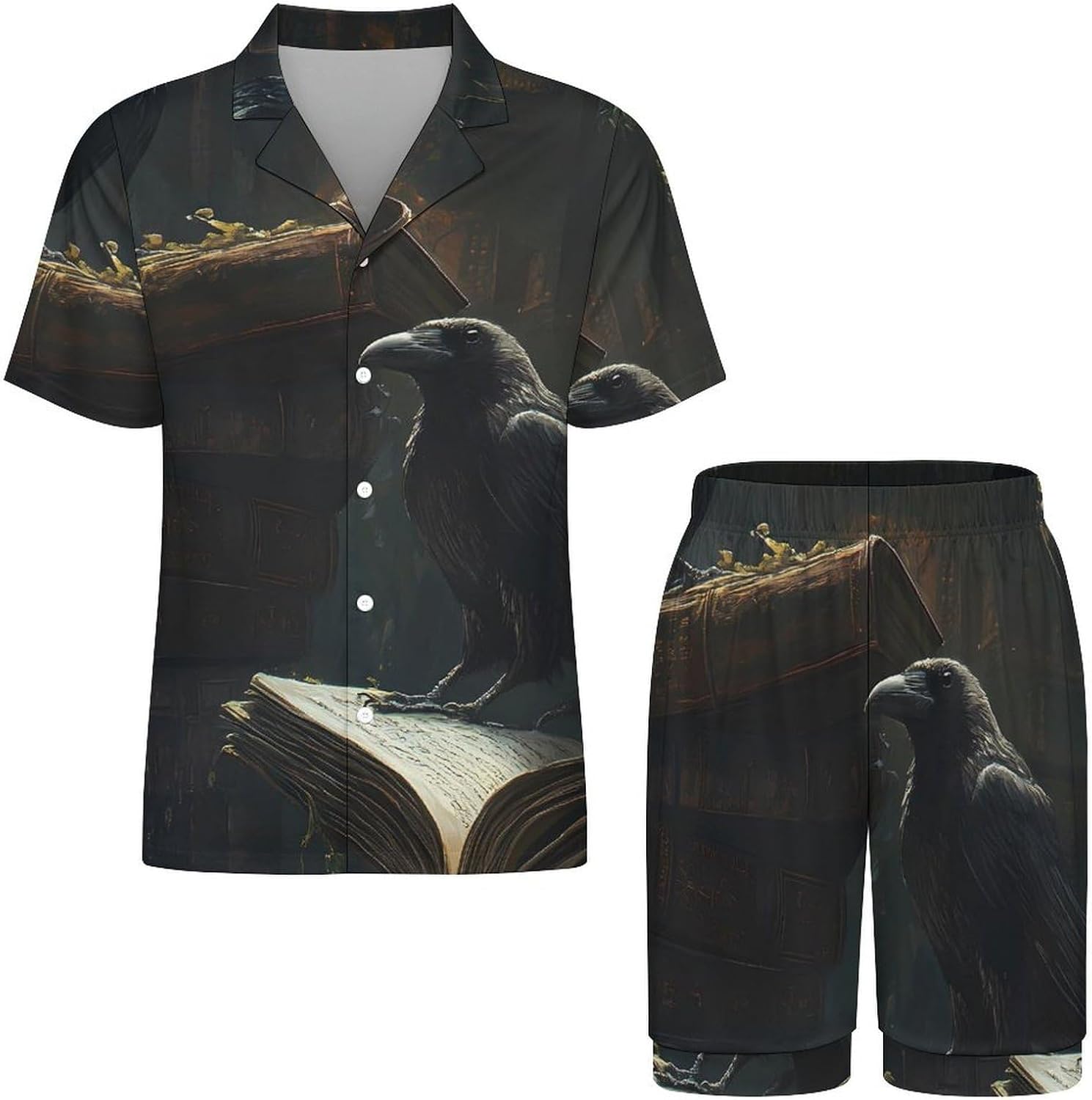 Raven Bird Magic Book Men's Short Sleeve Pajama Set Satin Silk Like Lounge Sleepwear
