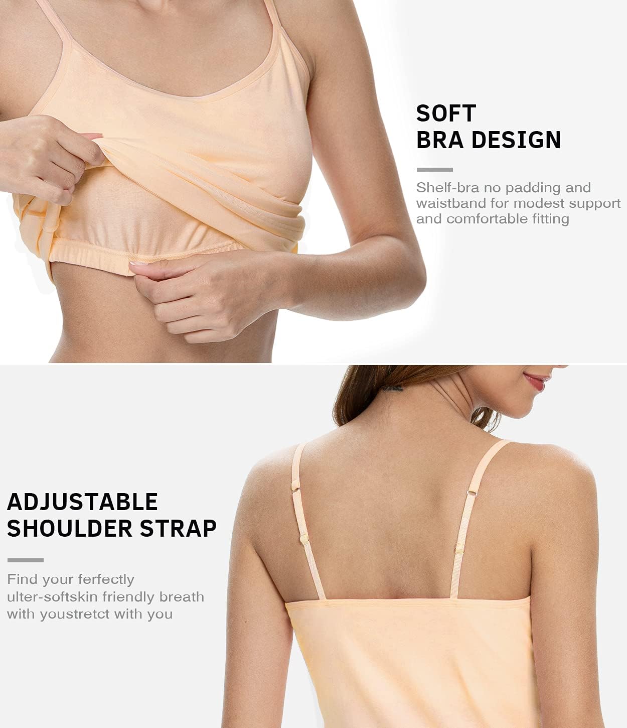 Air Curvey 3 Pack Camisole Tops for Women Built in Bra Adjustable Strap Soft Cotton Undershirt Tanks Seamless Layering Tops - Image 3