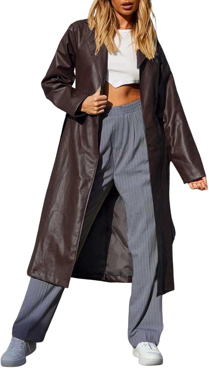 chouyatou Women's Casual Lapel Open Front Pu Faux Leather Long Trench Coat with Belt