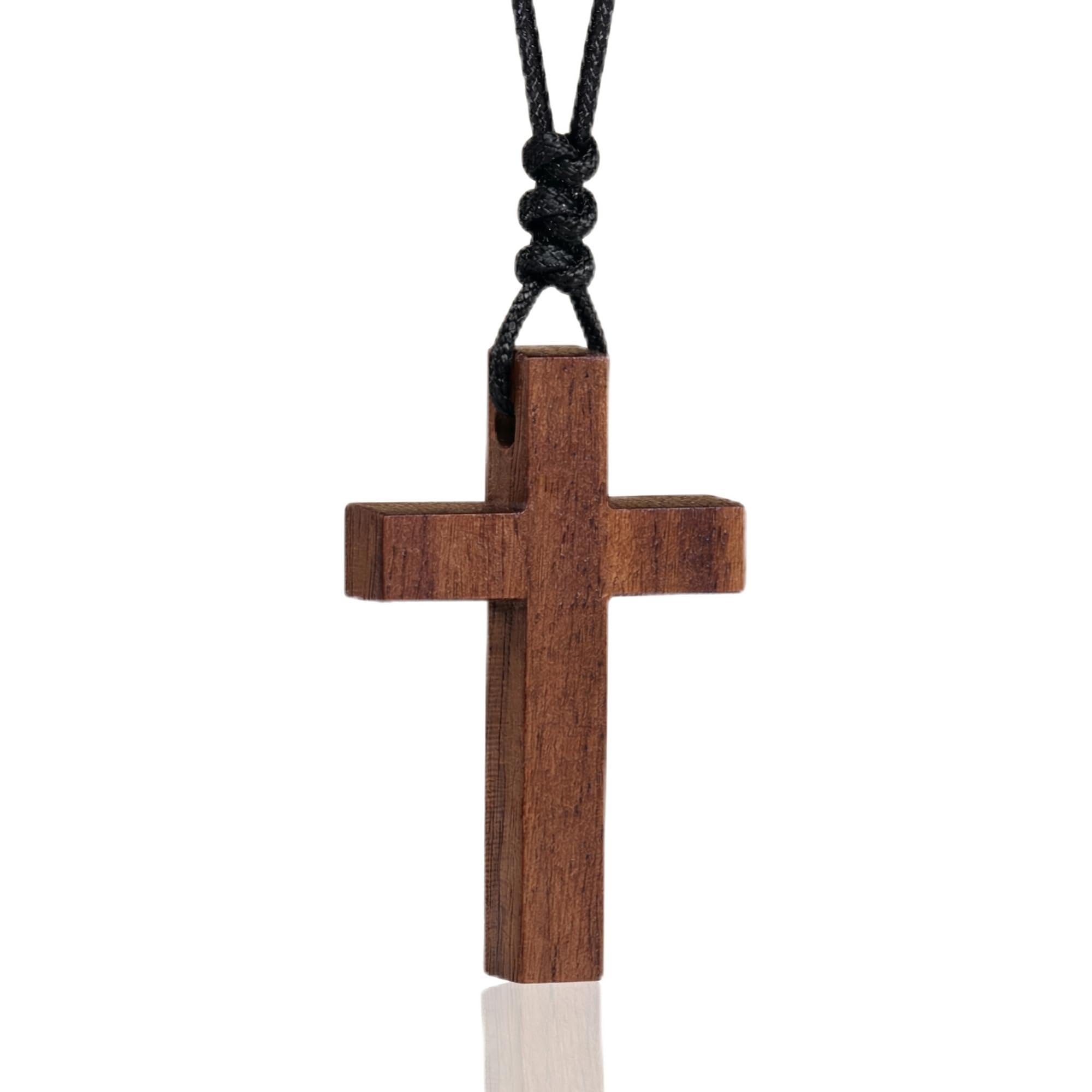 Natural Walnut Wood Cross Necklace for Men & Women - Small Wood Cross Pendant Necklace for Car Mirror - Wooden Religious Pendant Jewelry