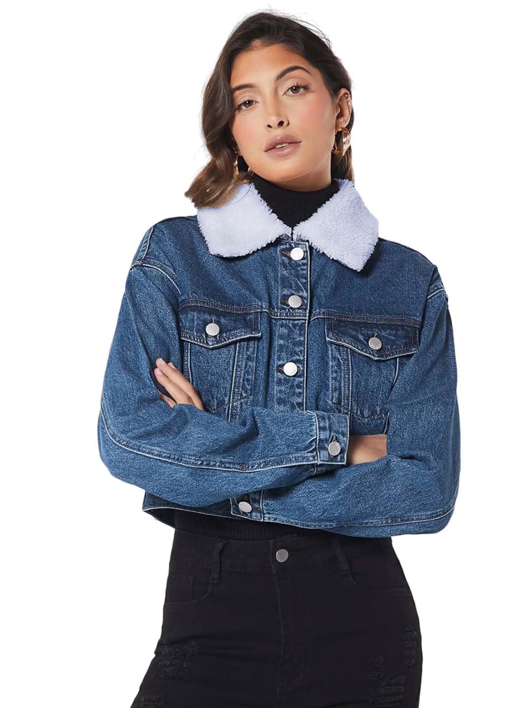 kotty Women's Solid Alexis Blue Long Sleeve Denim Jacket-picture-38