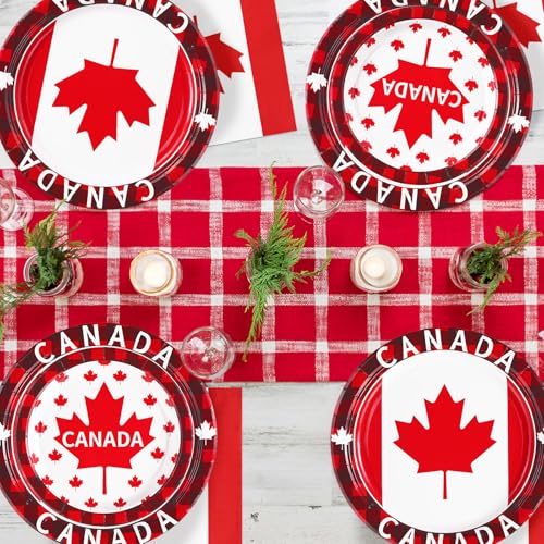 Image of Grencian 96Pcs Canadian Flag Party Supplies Canada Day Party Plates and Napkins Red White Maple Leaves Tableware Sets Canada Birthay Decorations Favors for Anniversary Family Gathering Serves 24