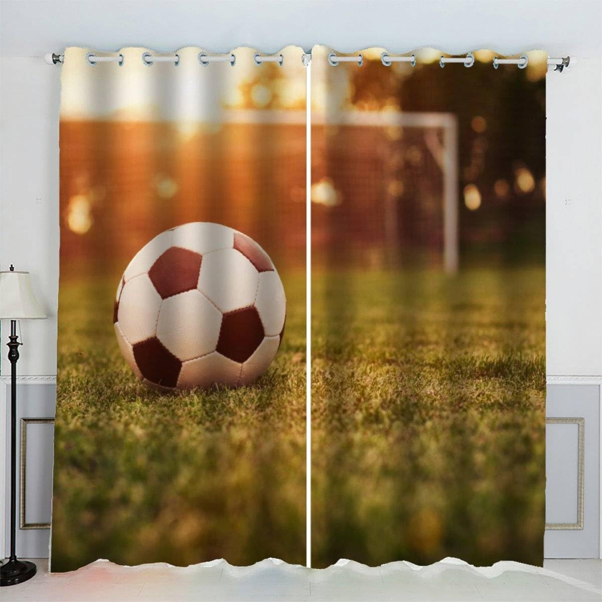 AKATIE Blackout Curtain Football Kid Insulated Drapes Football Field 3D Print Eyelet Window Curtains for Boys Girls Teens Children kids Bedroom Set of 2 Panels (W150xL166cm)