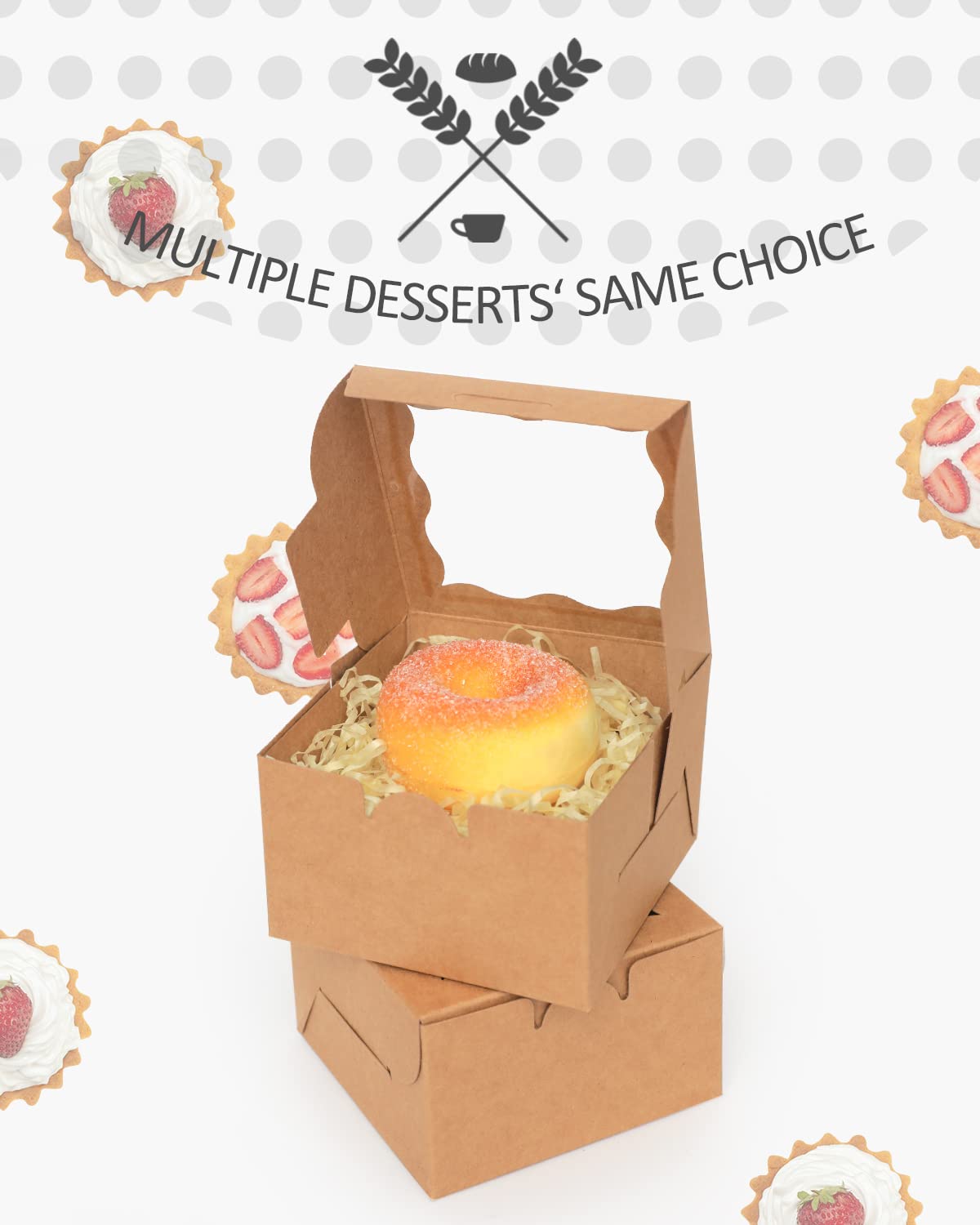 Caja de panadería con ventana, 100 unidades, color marrón de 4 x 4 x 2,5 pulgadas, cajas de macarrón, cajas de galletas (5 diferentes regalos incluidos)