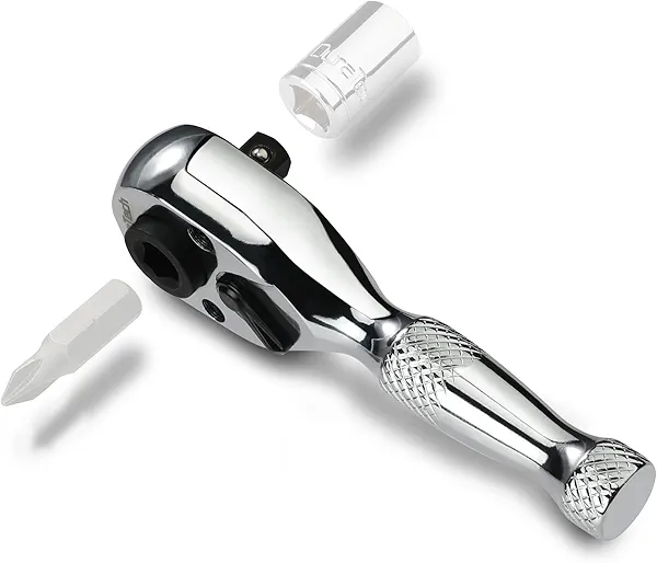 DURATECH 1/4-Inch Stubby Ratchet Wrench, Socket&Bit Driver, 72-Tooth, Chrome Alloy Made, Chrome Plated Finish 1/4" Dual Head Ratchet