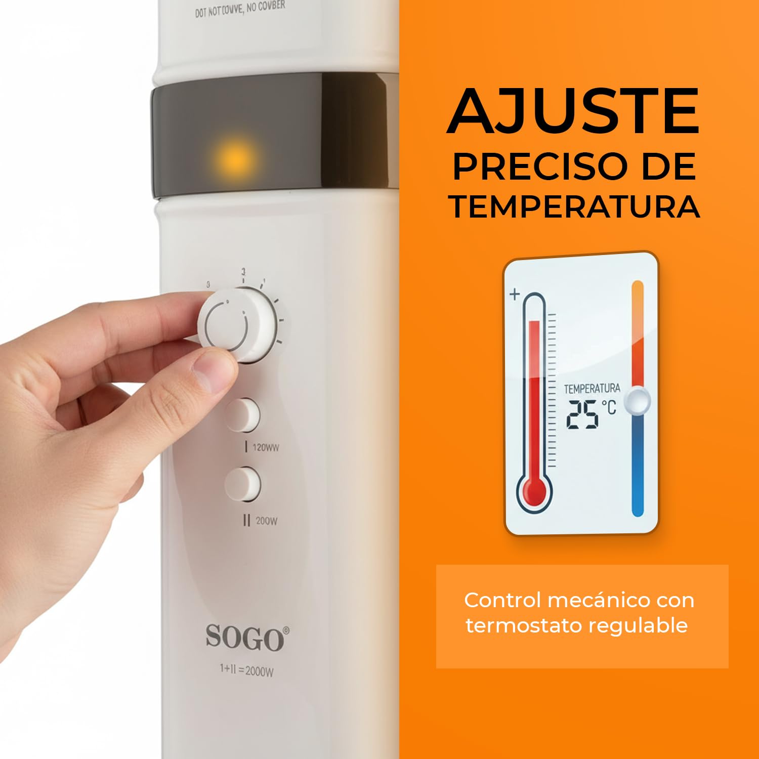 SOGO Calefactor Eléctrico Bajo Consumo Silencioso con Termostato Ajustable - Estufa Eléctrica sin Aceite 2000W con Protección Sobrecalentamiento - Radiador Portátil para Hogar, Oficina, Dormitorio