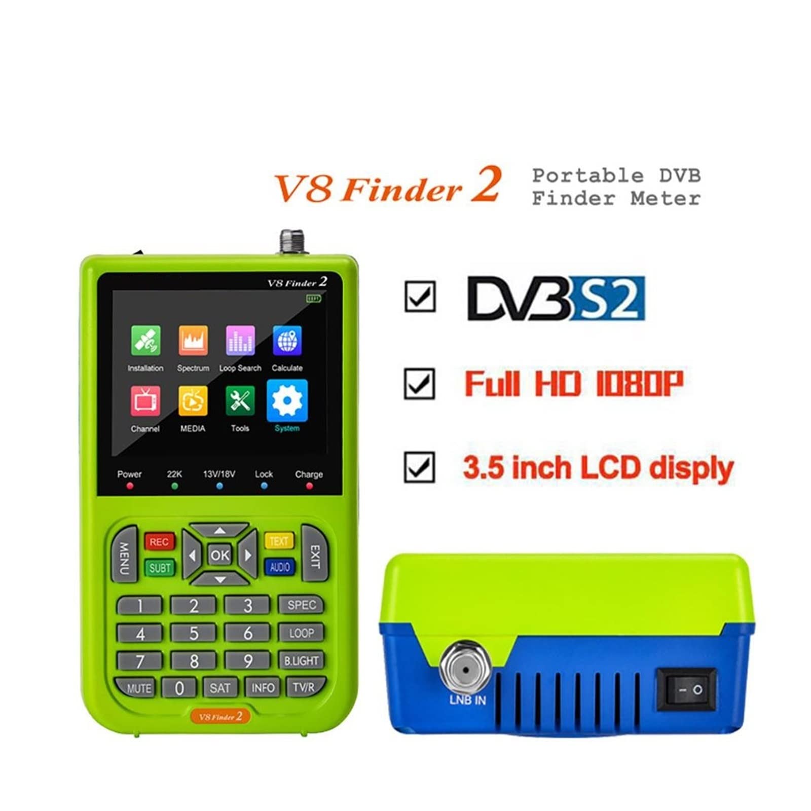 Détecteur de Satellites, 1080p HD V8 Finder 2 mètres DVB-S/S2 Affichage numérique Satellite Type-c Signal Rechargeable récepteur de télévision par(with Storage Bag)