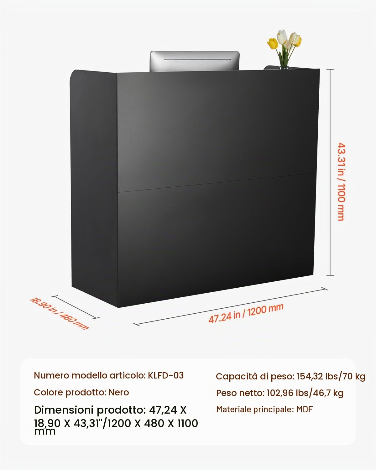 VEVOR Banco Reception 1200 x 480 x 1100 mm Tavolo da Banco Rettangolare, Tavolo di Vendita per Ufficio con Cassetto Chiudibile a Chiave e Armadietto Portaoggetti, per Cassa, Salone di Bellezza, Nero