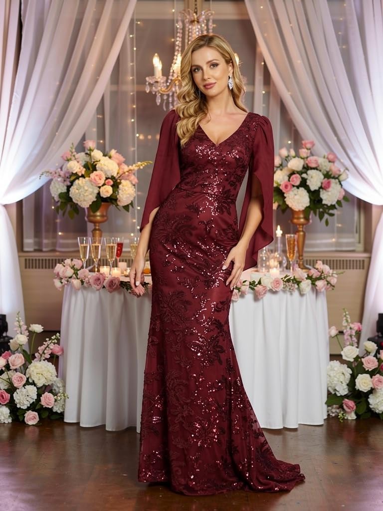 Sequin Lace Appliques Mother of the Bride Dresses Mermaid V Neck Cape Chiffon Formal Evening Gowns for Wedding