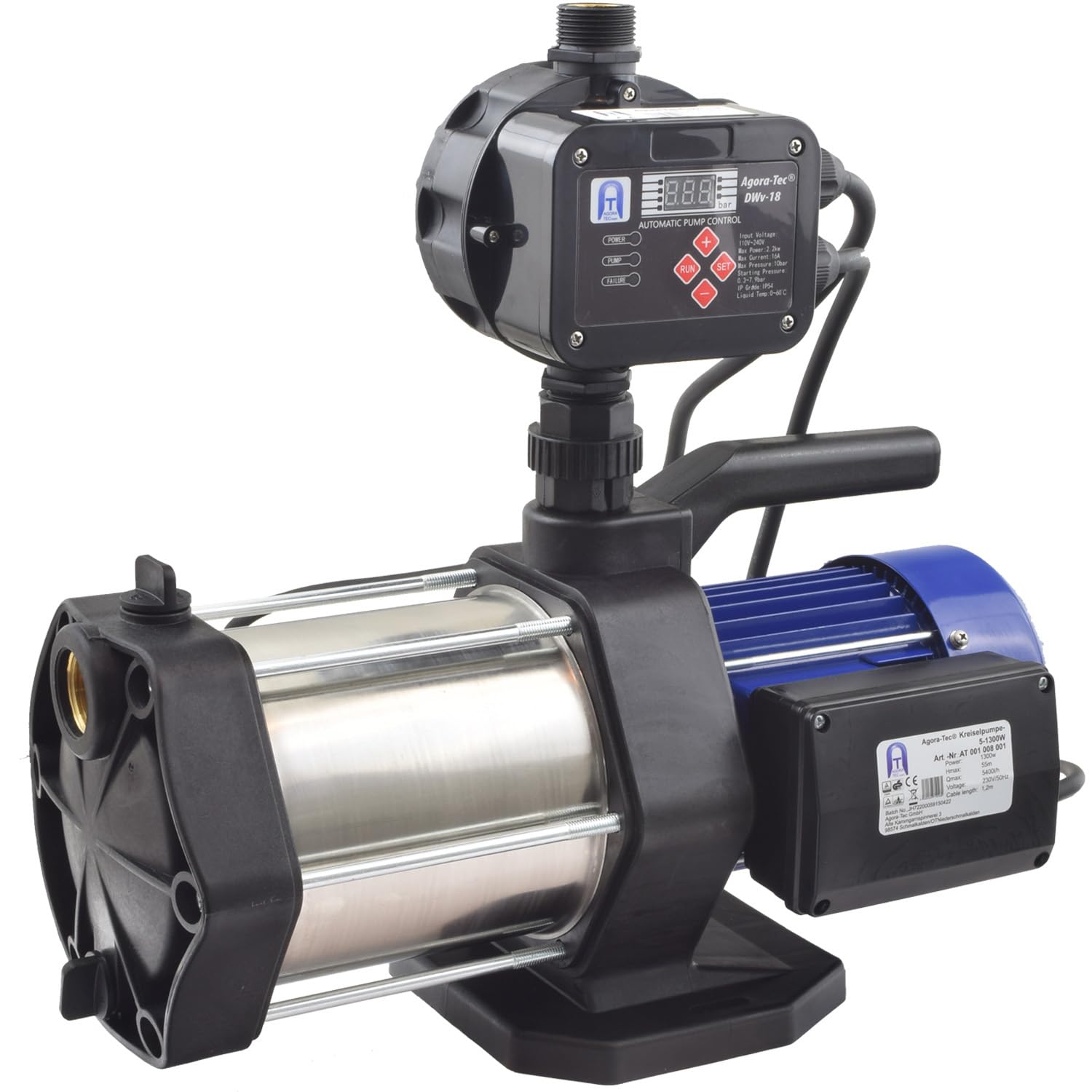 Agora-Tec® Hauswasserautomat Hauswasserwerk 5-1300 18DW mit Druckschalter 5400 l/h 5,6 bar einstellbarer Ausschaltdruck Trockenlaufschutz mit aktivierbarer Neustartfunktion Überdruckabschaltung