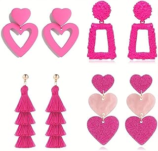 4 Pares de Pendientes de Color Rosa Bohemios Largos Borla Pendientes Colgantes Geométrico Pendientes Statement Pendientes de Gota de Corazón Rosa Brillante Juego de Pendientes Rosas para Niña y Mujere