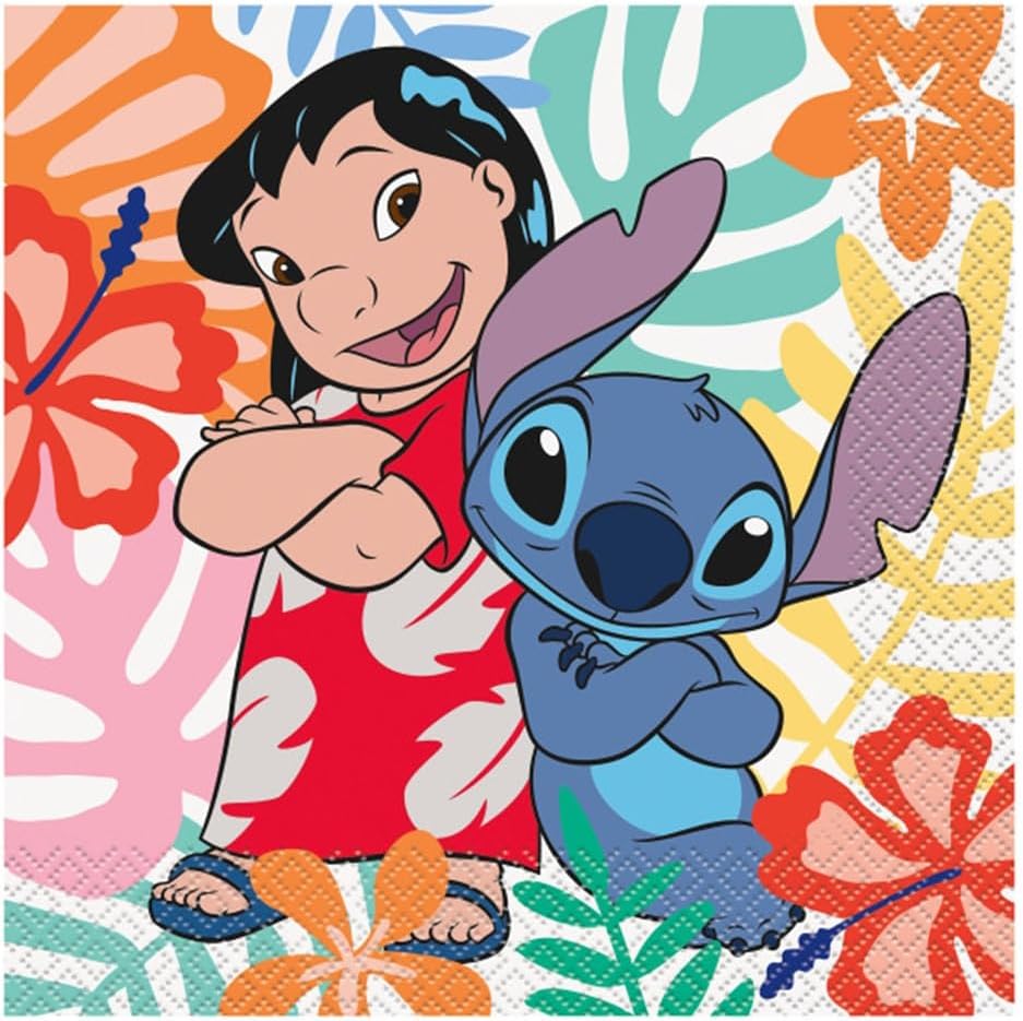 Lilo and Stitch Birthday Party Supplies Bundle Pack includes 24 Lunch Paper Plates, 32 Napkins, 1 Happy Birthday Banner, 1 Dinosaur Sticker Sheet