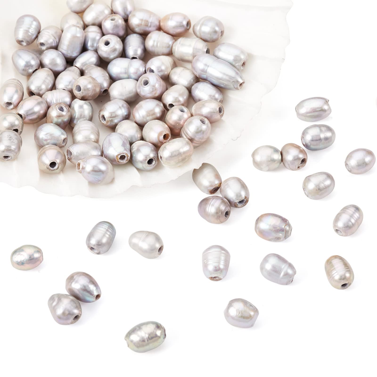 Beadthoven 100pcs 7-10mm Natural Cultured Freshwater Pearl 1.8mm Large Hole Rice Oval Pearl Beads for DIY Necklace Bracelets Beading Jewelry Crafts Making