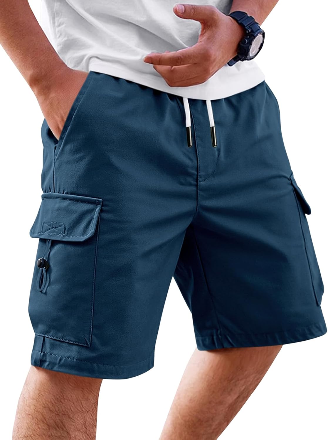 Runcati Mens Cargo Shorts Elastic Waist Drawstring Casual Work Shorts Summer Hiking Outdoor Shorts with 4 Pockets