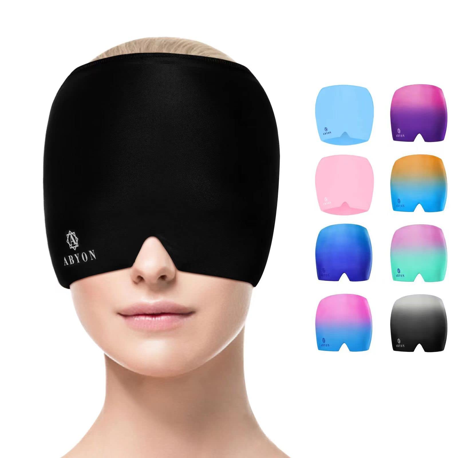 ABYON Migraine Relief Cap Multicolors, Reusable and Flexible Gel Cold Therapy for Tension Headache, Sinus Pressure, Puffy Eyes, Stress Relief (Black)