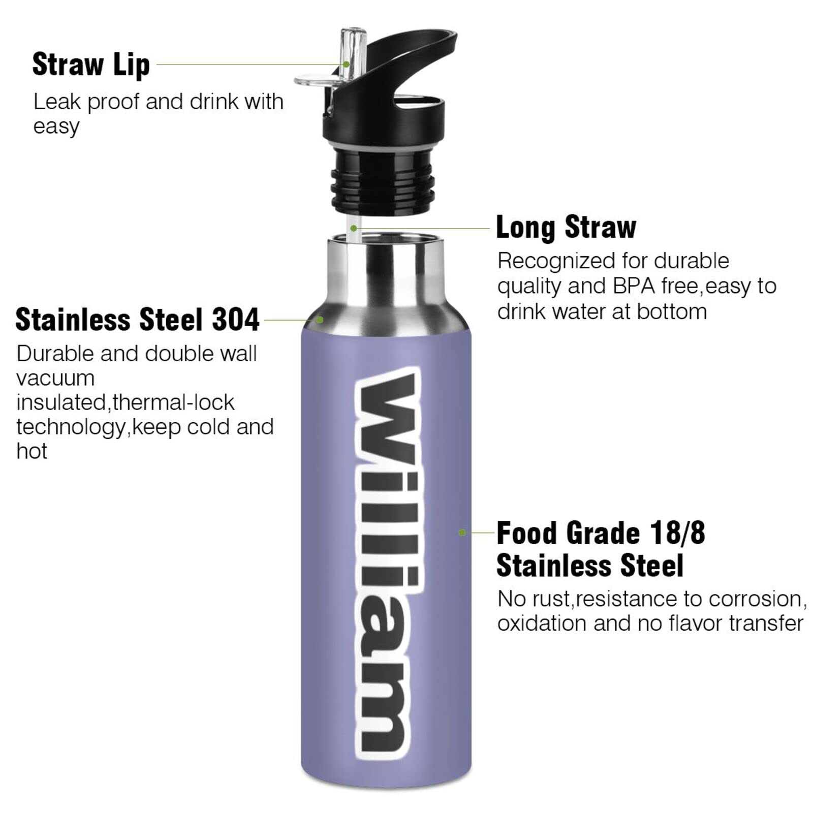 Isolierflasche mit Griff, 900 ml, Violett, auslaufsicher, mit Strohhalm-Deckel, Thermoflasche für Wandern, Camping, BAP-frei