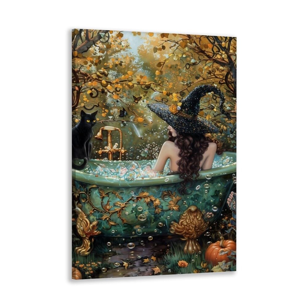 Whimsigoth Bathroom Decor Witchy Bubblebath Halloween Art Black Cat Print Dark Academia Halloween Poster Vintage Witchy Home Decor For Living Room 8x12inch Framed