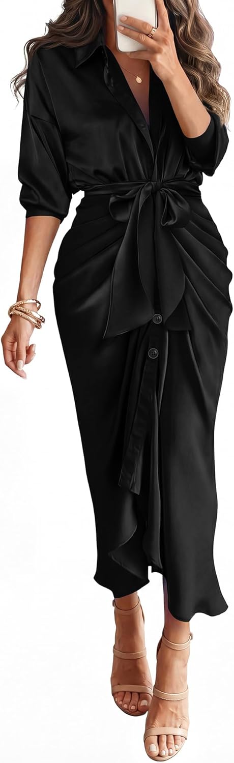 BTFBM Summer Dresses for Women 2026 Long Sleeve V Neck Button Down Elegant Belted Ruched Satin Silk Shirt Spring Dress