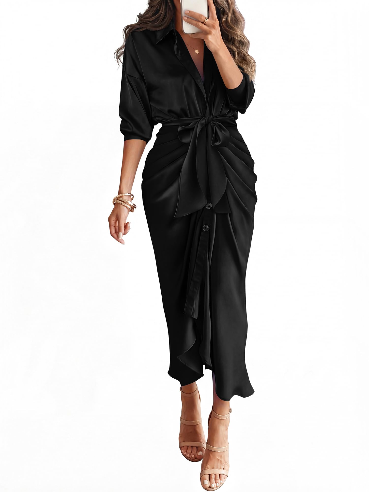 BTFBM Summer Dresses for Women 2026 Long Sleeve V Neck Button Down Elegant Belted Ruched Satin Silk Shirt Spring Dress