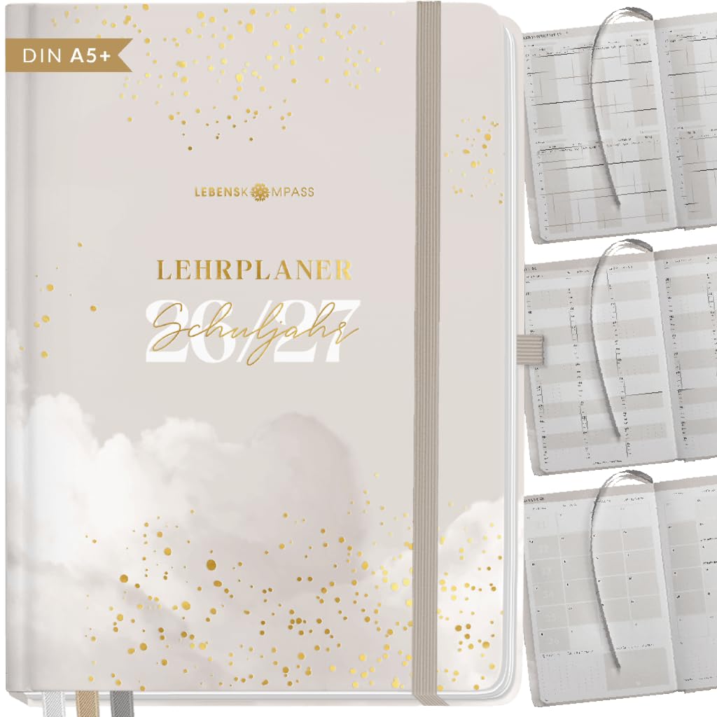 Lebenskompass® Lehrerkalender 2026/2027 DIN A5+ ”Cloud” – Schuljahresplaner Hardcover mit Wochen & Monatsübersichten, Klassen & Notenlisten, Stundenplänen für Lehrerinnen und Lehrer