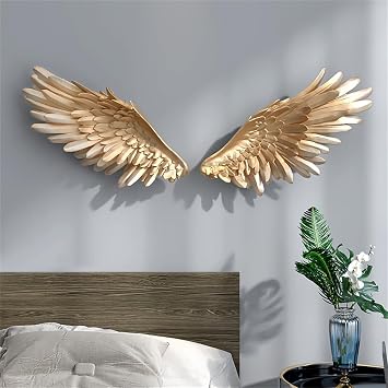 WSNCXFW Angel Wings Wall Decor, 25.98x9.44 Angel Wings Wall Art Sculpture,Large 3D Feather Wall Resin Wall Decor,Angel Wing Wall Hanging Decorations,Perfect for Home & Office,Gold