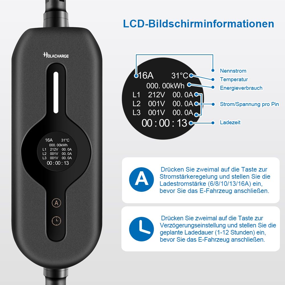 11 kW typ 2 przenośny kabel do ładowania do samochodu elektrycznego 5 m czarny ładowarka EV ze sterowanym wyświetlaczem cyfrowym i 3-fazową wtyczką przemysłową CEE do IEC 62196-2 i PHEV/EV