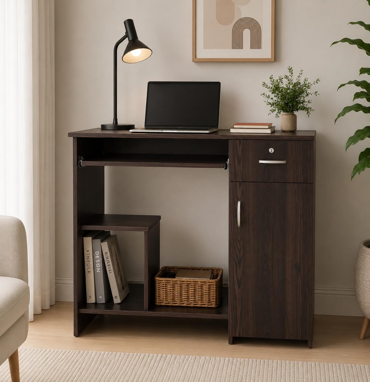 45x90x76CM Engineered Wood Study & Office Table with Drawer, Cabinet Storage & Keyboard Tray | Sturdy, Foldable DIY Multipurpose Table- Wenge-image-1