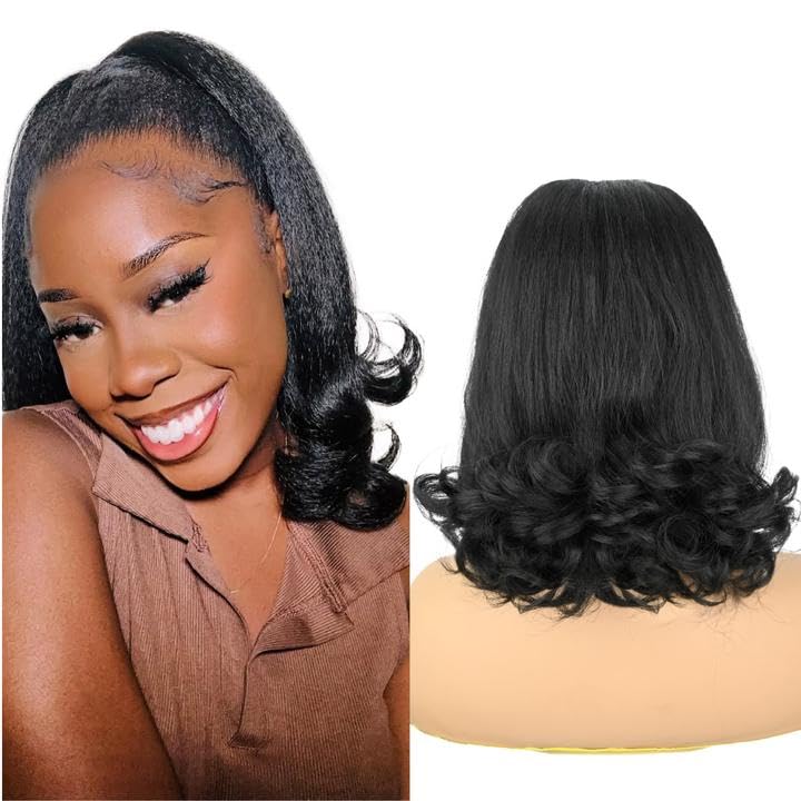 UAmy hair Flick Ponytail Extension 14 inch Yaki Straight Drawstring Ponytail for Black Women Shoulder Length Natural Black Synthetic Kinky Straight Hair Pony Tail with Tail Warping(1B)