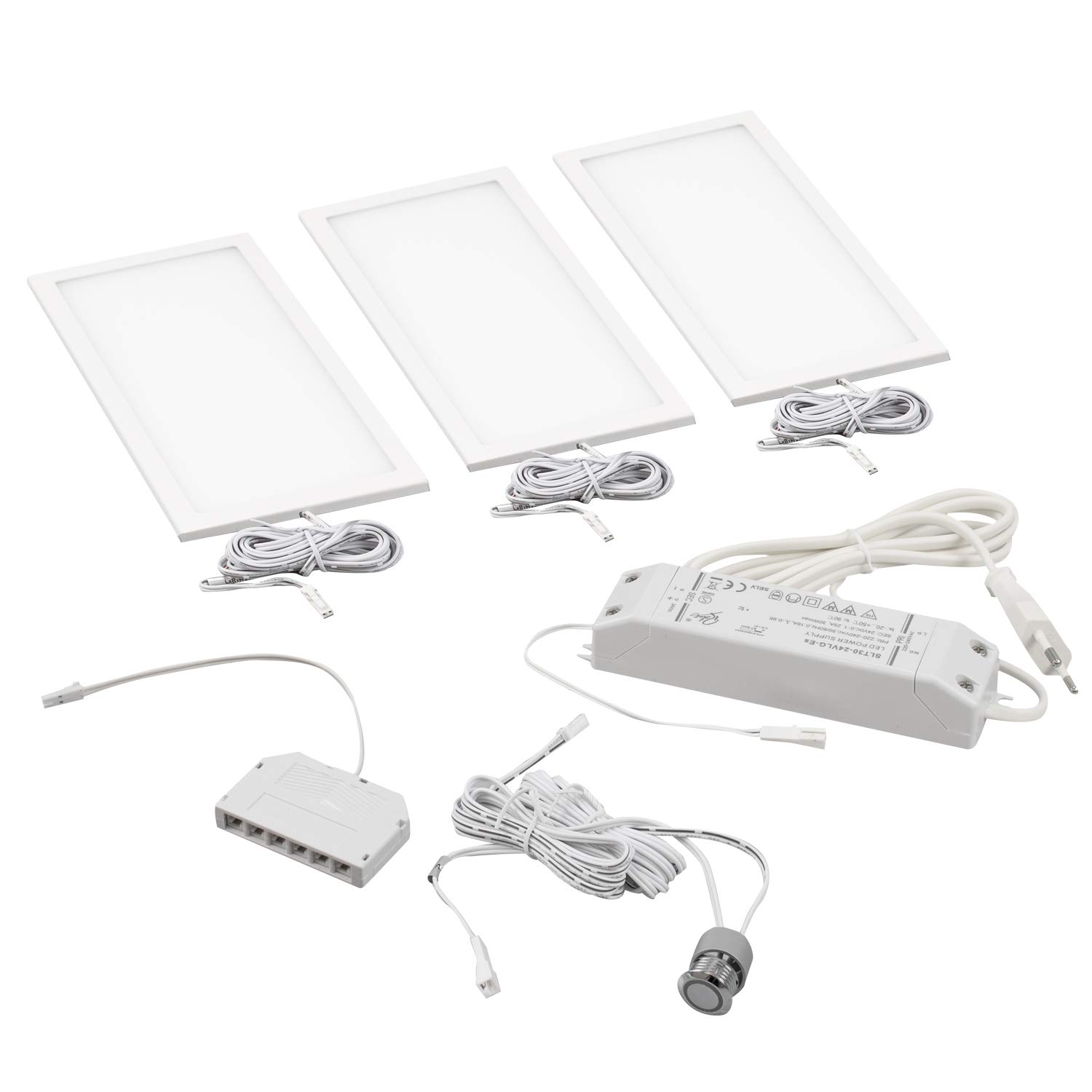 Rolux LED Unterbauleuchte DF-1910 3er-Set, 3 × 6 W (18 W), 24 V DC, dimmbar mit IR-Sensor-Schalter, superflach (nur 5,3 mm), blendfreies warmweißes Licht 3000 K, Aluminiumgehäuse, unsichtbare Montage