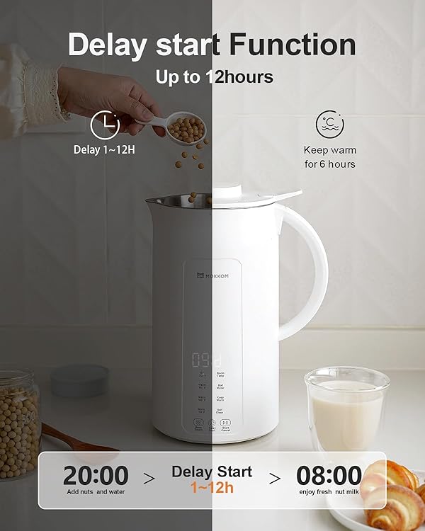 MOKKOM Nut Milk Maker, 42oz Automatic Almond Milk Machine for Homemade Plant-Based Milk, Oats, Soy, Dairy Free Beverages, Soy Milk Maker with Delay Start/Keep Warm/Self-Cleaning/Boiling, White by MOKKOM - Image 6